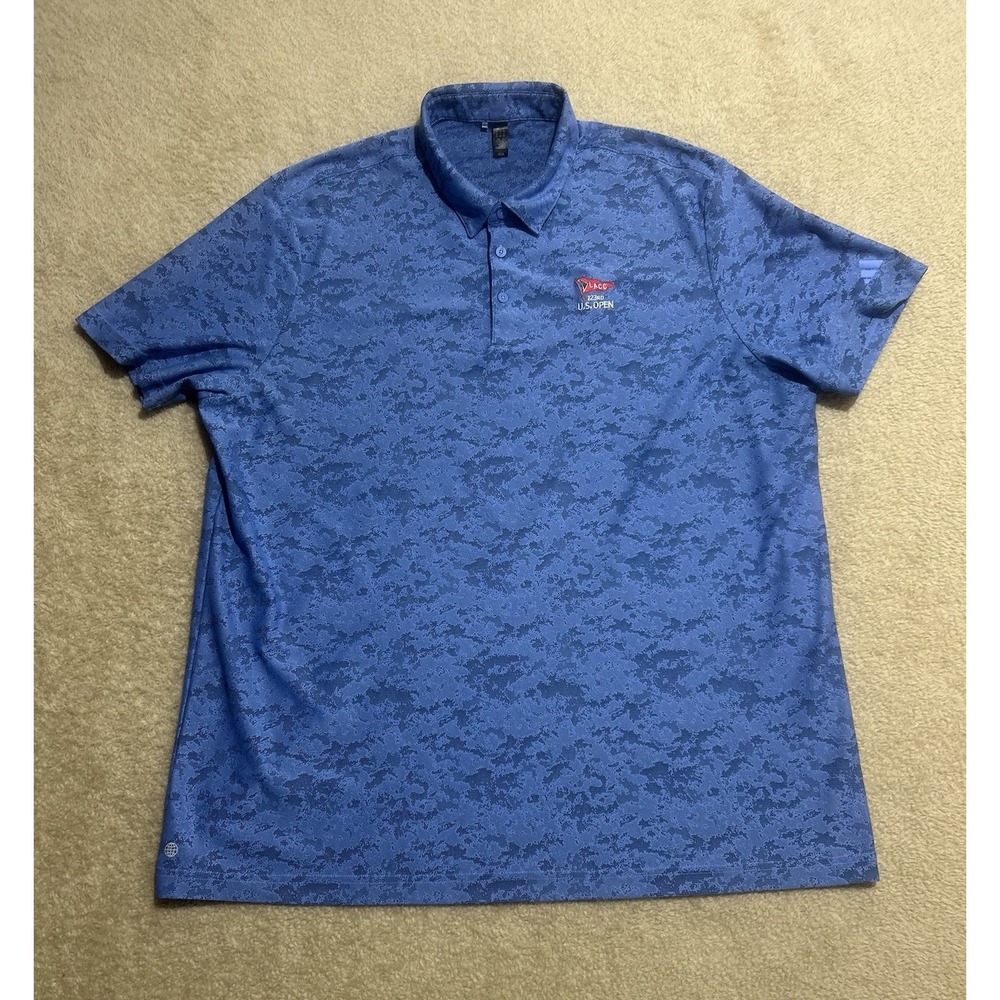 Adidas Polo Shirt Mens 2XL Blue Camo Golf Performance Logo US OPEN 123RD‎ Preppy